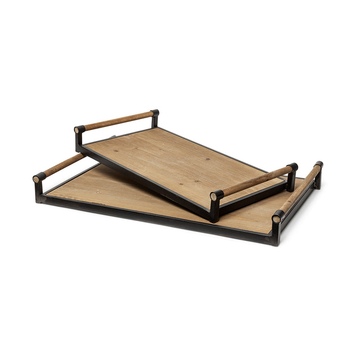 Benson Set of 2 Brown Wood Black Metal Trays Decor Mercana