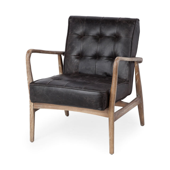 Phineas Black Leather W/ Brown Wooden Frame Accent Chair Living Room Mercana