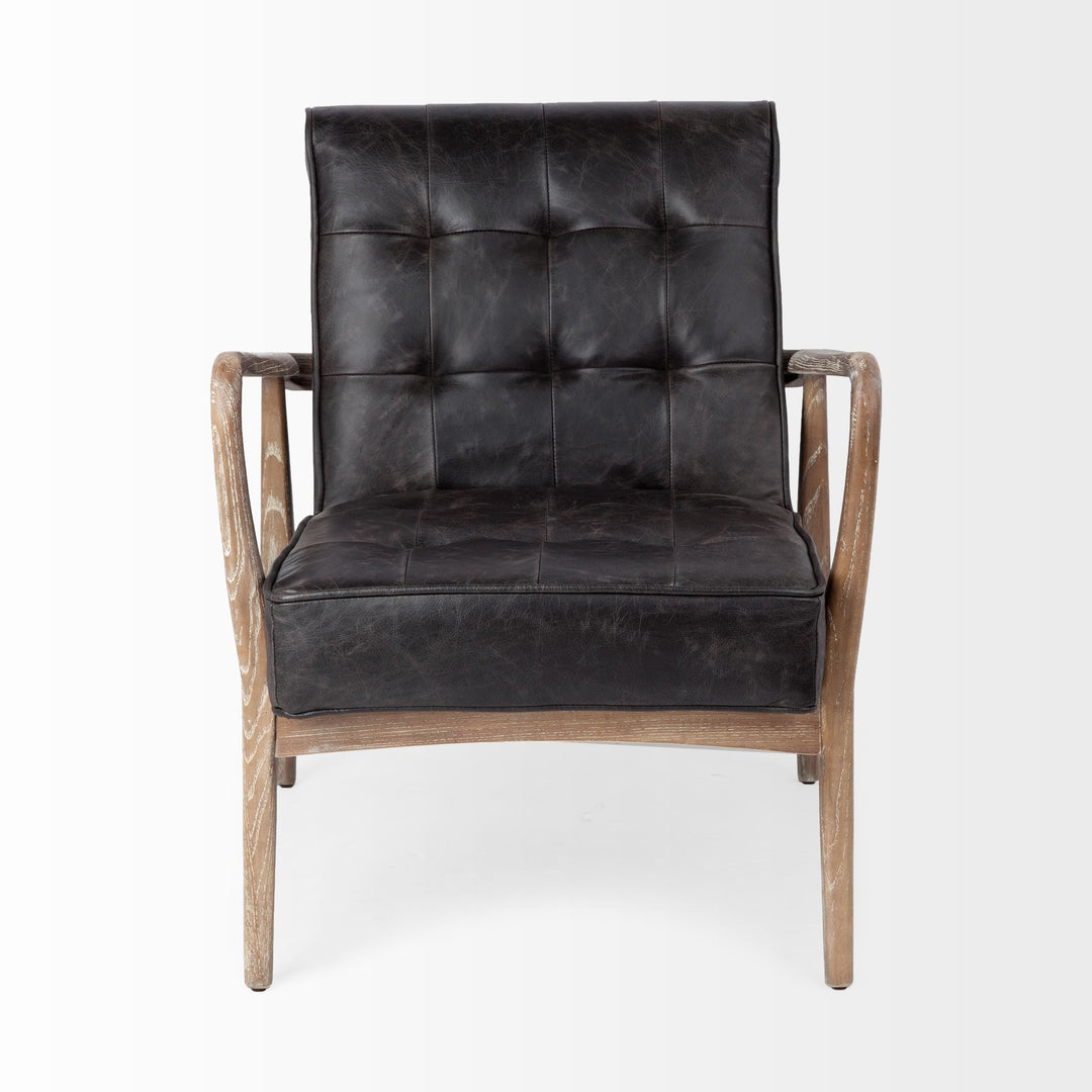 Phineas Black Leather W/ Brown Wooden Frame Accent Chair Living Room Mercana
