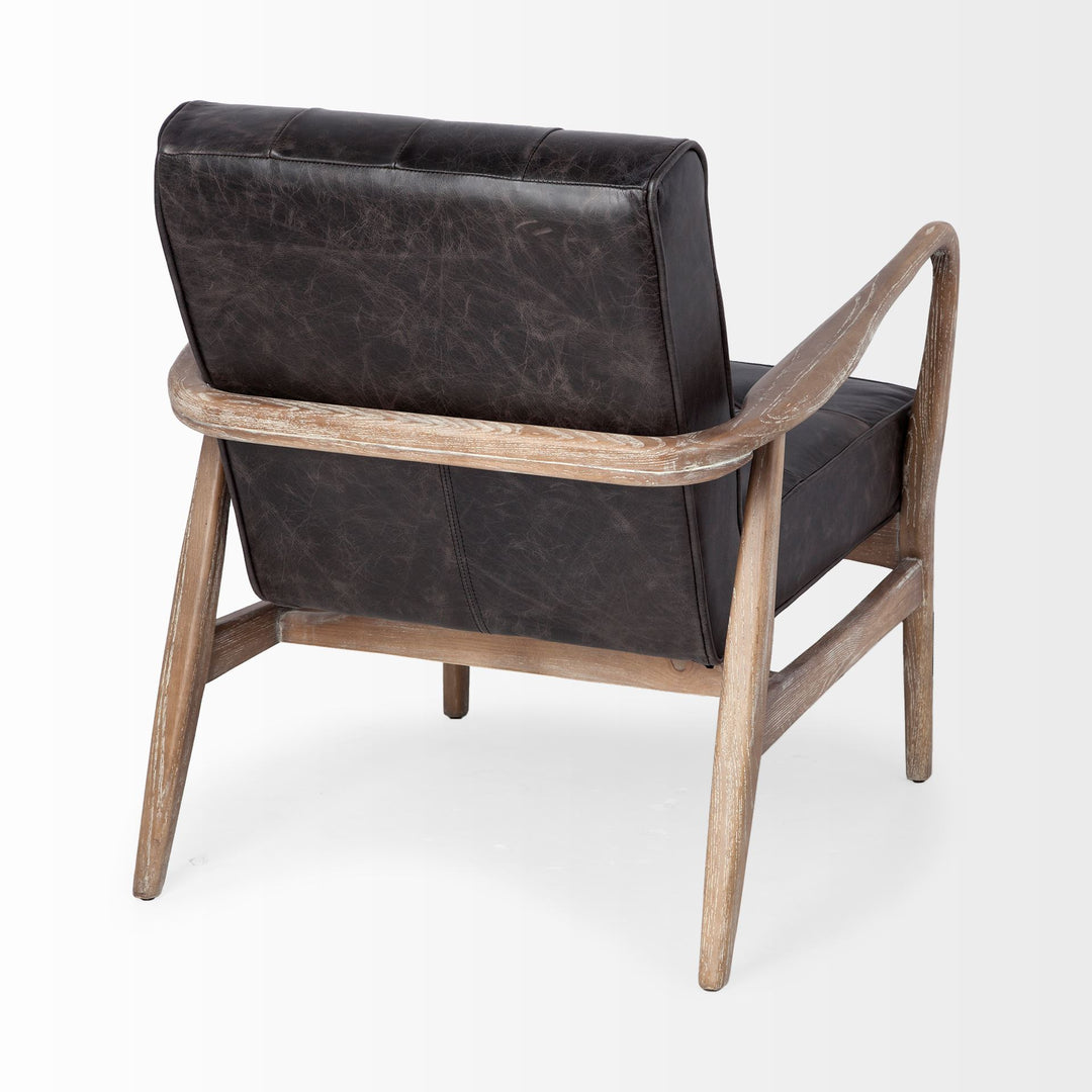 Phineas Black Leather W/ Brown Wooden Frame Accent Chair Living Room Mercana