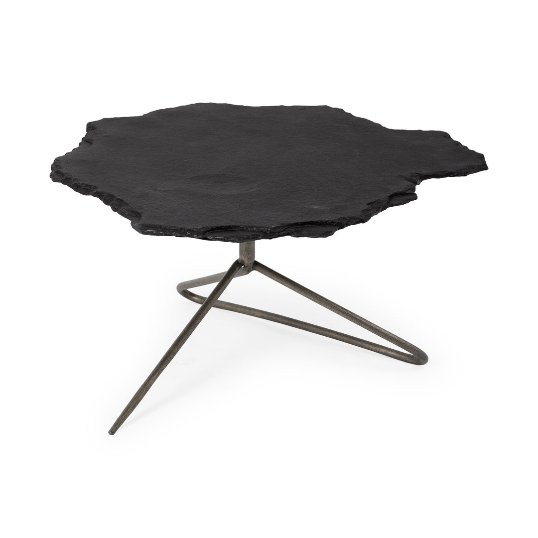Pinera 37"x33" Black Slate With Iron Base Coffee Table Living Room Mercana