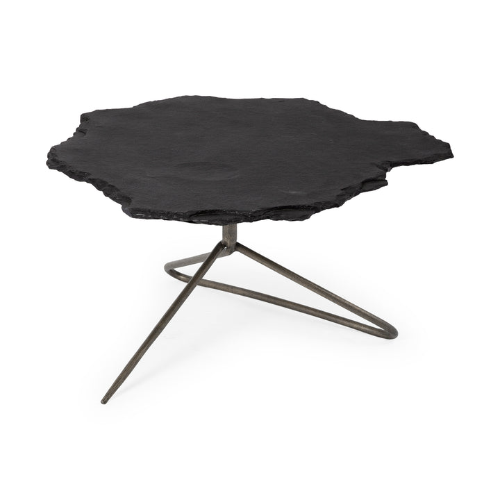Pinera 37"x33" Black Slate With Iron Base Coffee Table Living Room Mercana