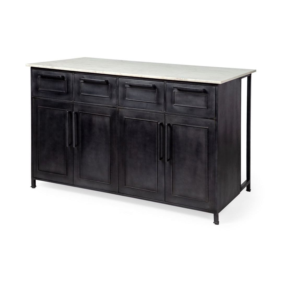 Fieri Solid Iron Black Body White Marble Top Four Drawer Kitchen Island Dining Room Mercana