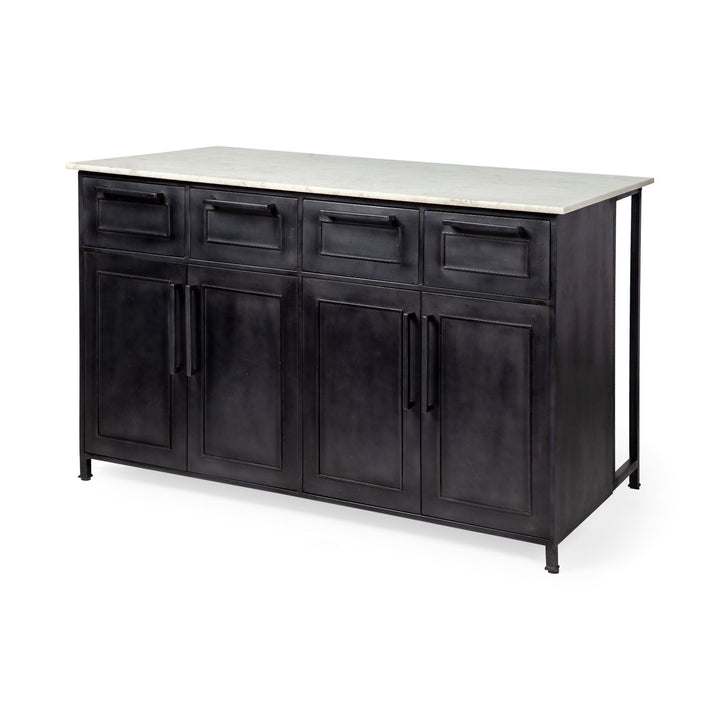 Fieri Solid Iron Black Body White Marble Top Four Drawer Kitchen Island Dining Room Mercana