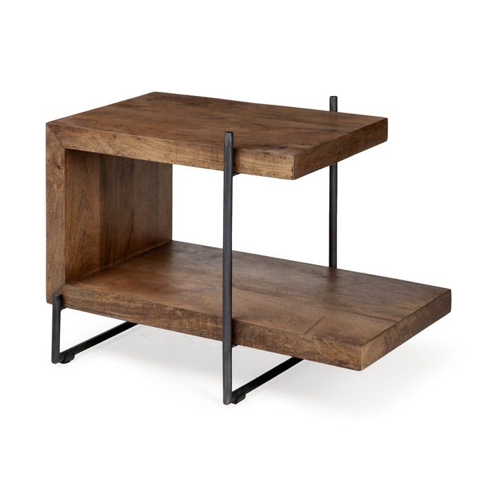 Maddox Medium Brown Wood w/ Black Metal U-shaped End/Side Table Living Room Mercana