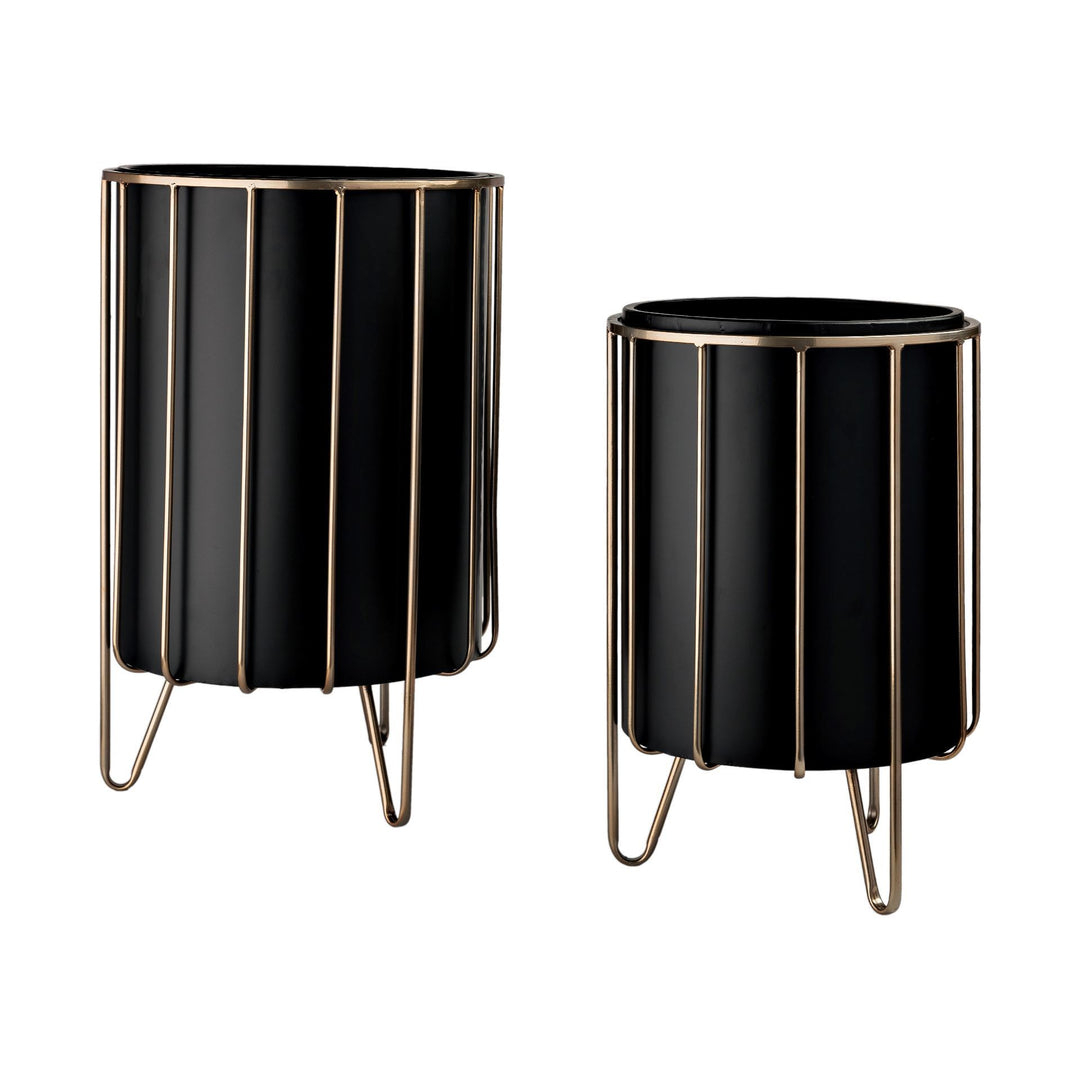 Pianta 13 x 21 Set of Two Black Metal Insert Brass Frame Plant Stands Decor Mercana