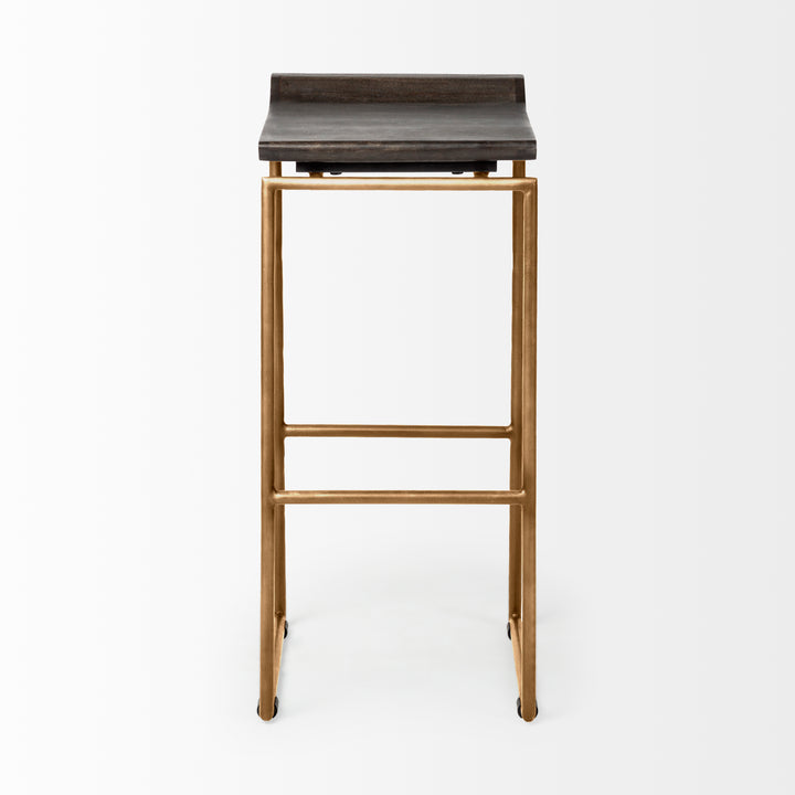 Givens 30.25"H Seat Height Brown Wood Seat Gold Metal Base Stool Dining Room Mercana