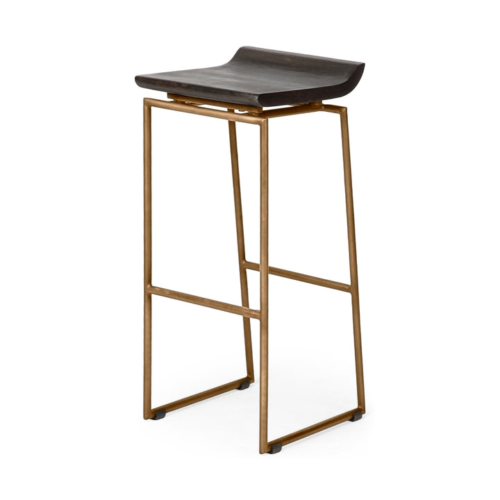 Givens 30.25"H Seat Height Brown Wood Seat Gold Metal Base Stool Dining Room Mercana