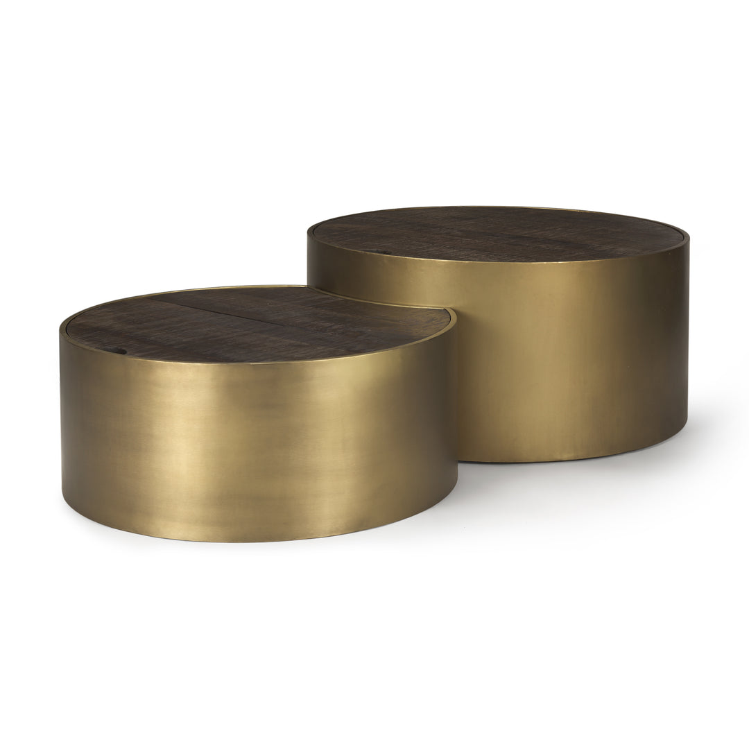 Eclipse Antique Brass Metal Drum Base w/ Dark Brown Wood Top Nested Coffee Table Living Room Mercana