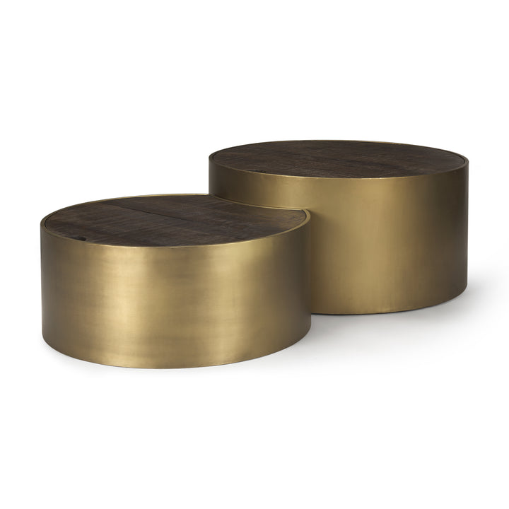 Eclipse Antique Brass Metal Drum Base w/ Dark Brown Wood Top Nested Coffee Table Living Room Mercana
