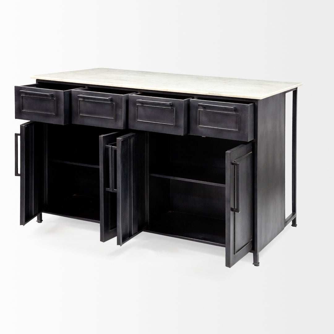 Fieri Solid Iron Black Body White Marble Top Four Drawer Kitchen Island Dining Room Mercana