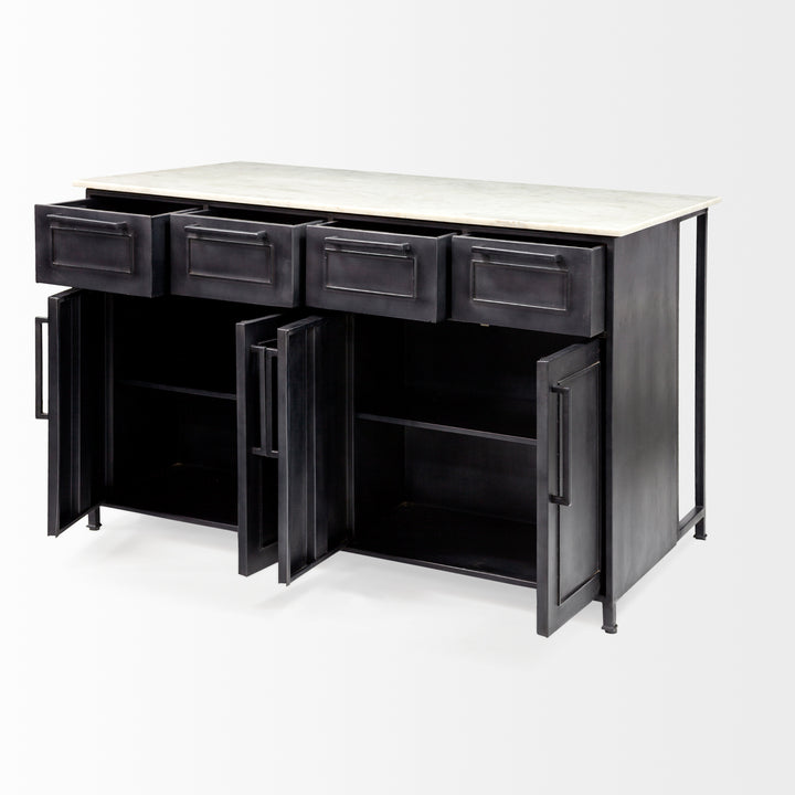 Fieri Solid Iron Black Body White Marble Top Four Drawer Kitchen Island Dining Room Mercana