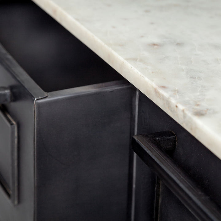 Fieri Solid Iron Black Body White Marble Top Four Drawer Kitchen Island Dining Room Mercana