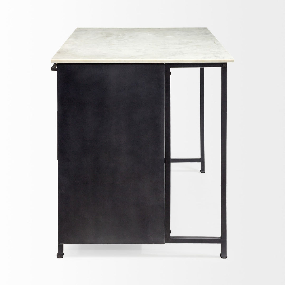 Fieri Solid Iron Black Body White Marble Top Four Drawer Kitchen Island Dining Room Mercana
