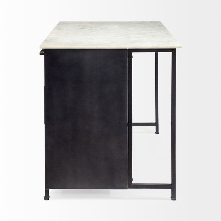 Fieri Solid Iron Black Body White Marble Top Four Drawer Kitchen Island Dining Room Mercana