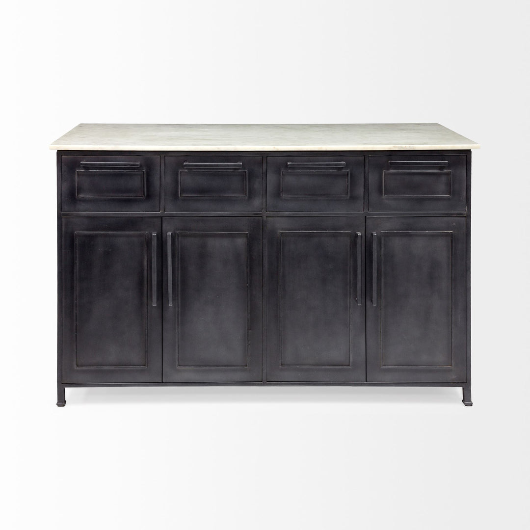 Fieri Solid Iron Black Body White Marble Top Four Drawer Kitchen Island Dining Room Mercana