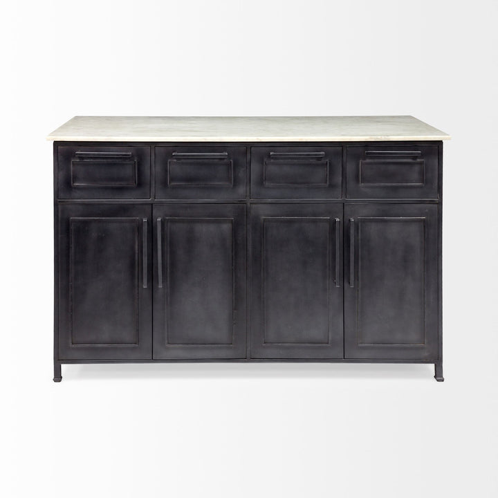 Fieri Solid Iron Black Body White Marble Top Four Drawer Kitchen Island Dining Room Mercana