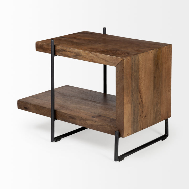 Maddox Medium Brown Wood w/ Black Metal U-shaped End/Side Table Living Room Mercana