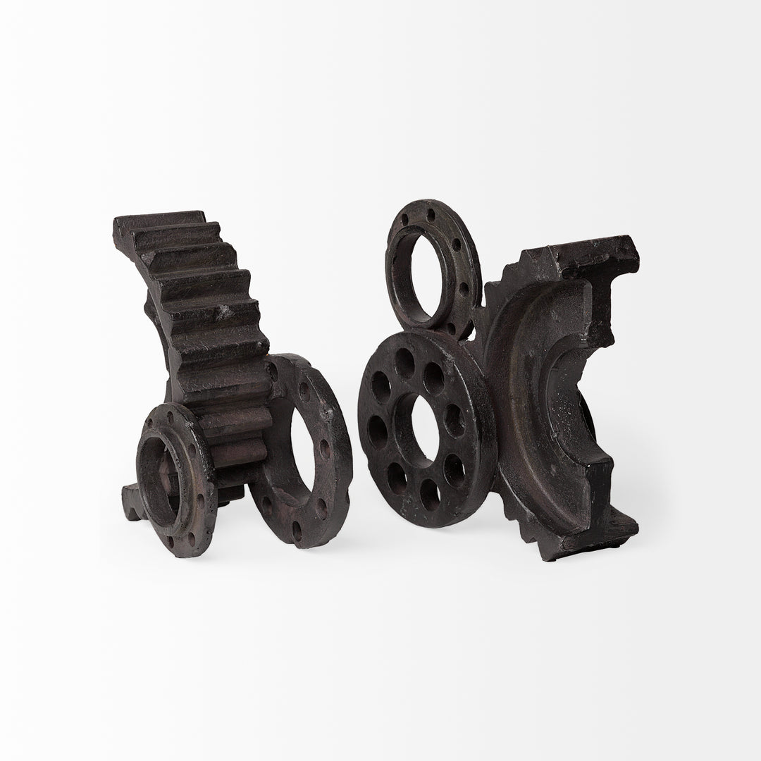 Cogsworth Set of 2 14L x 4W Brown Resin Industrial Gear Bookends Decor Mercana