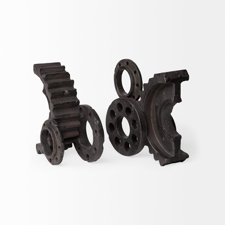 Cogsworth Set of 2 14L x 4W Brown Resin Industrial Gear Bookends Decor Mercana