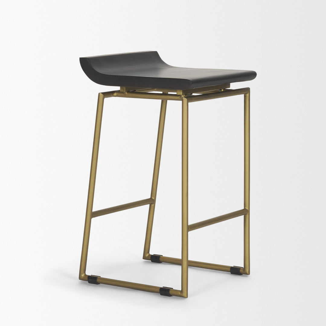 Givens 24.25"H Seat Height Brown Wood Seat Gold Metal Frame Stool Dining Room Mercana