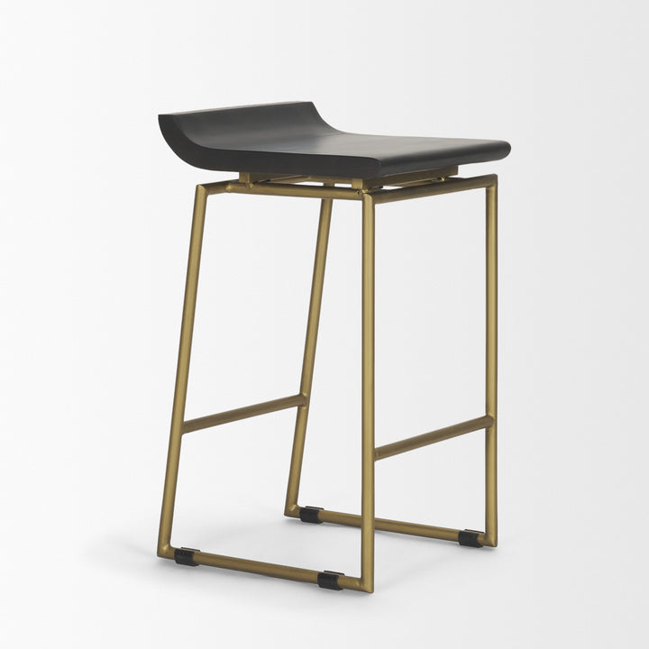 Givens 24.25"H Seat Height Brown Wood Seat Gold Metal Frame Stool Dining Room Mercana