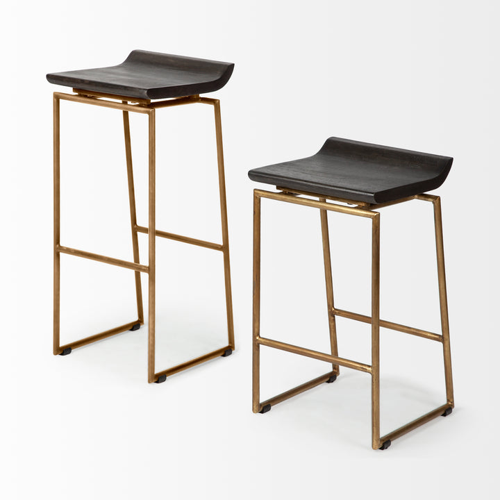 Givens 30.25"H Seat Height Brown Wood Seat Gold Metal Base Stool Dining Room Mercana