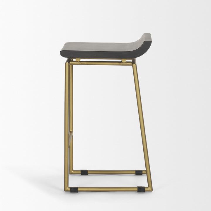 Givens 24.25"H Seat Height Brown Wood Seat Gold Metal Frame Stool Dining Room Mercana