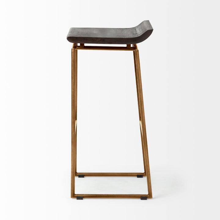 Givens 30.25"H Seat Height Brown Wood Seat Gold Metal Base Stool Dining Room Mercana