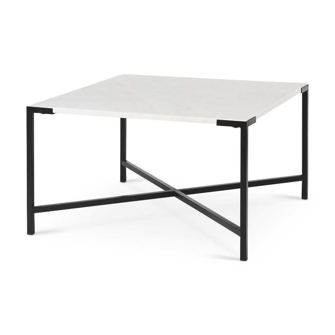 Lucas 30x30 White Marble Top Black Metal Base Coffee Table Living Room Mercana