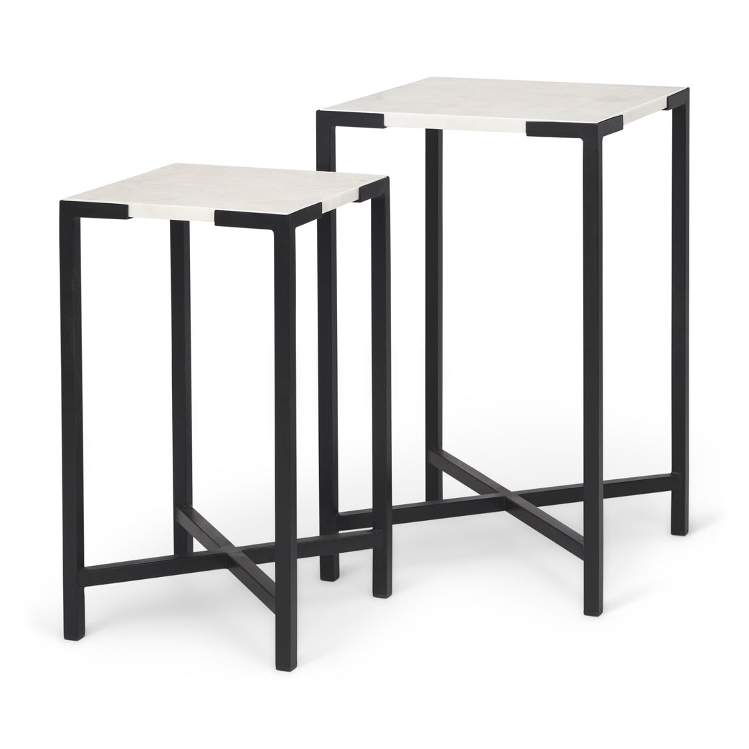 Lucas III (Set of 2) 15L x 15W; 12L x 12W White Marble W/Black Iron Frame Accent Tables Decor Mercana