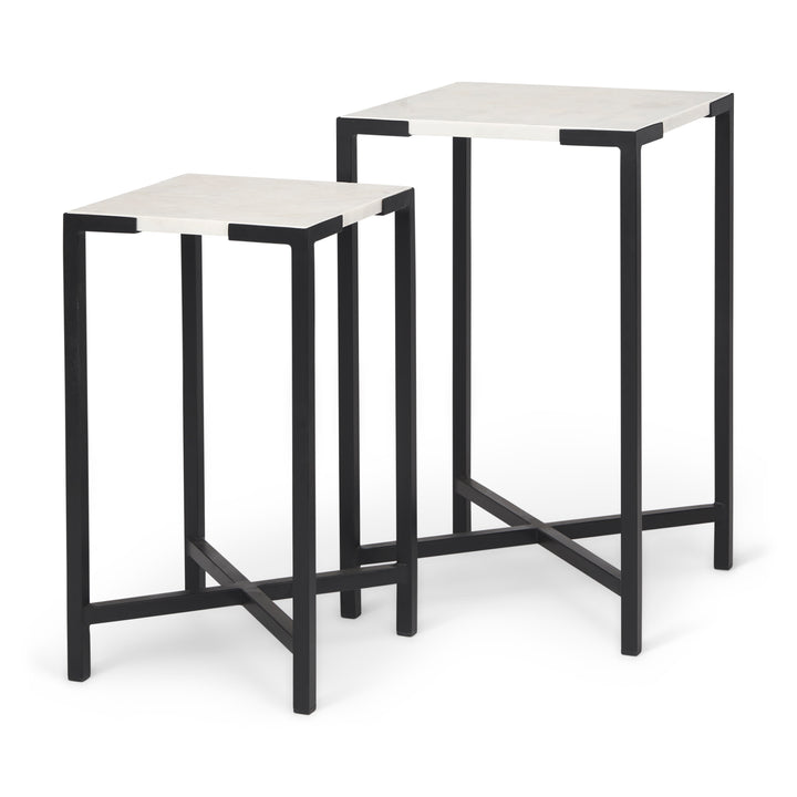 Lucas III (Set of 2) 15L x 15W; 12L x 12W White Marble W/Black Iron Frame Accent Tables Decor Mercana