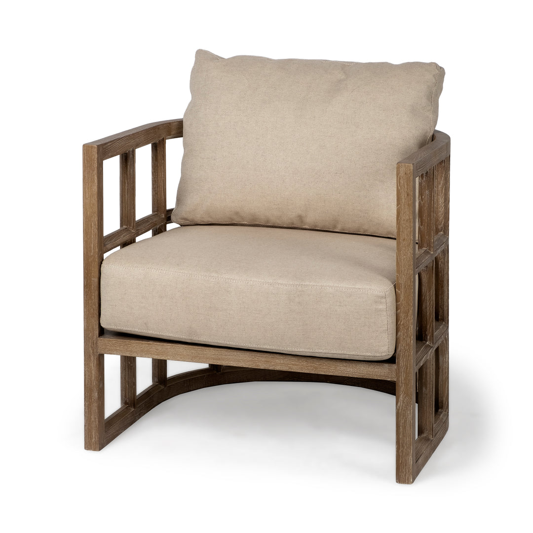 Skylar II Tan Fabric Covered Cushioned Demi-Lune Wooden Frame Accent Chair Living Room Mercana