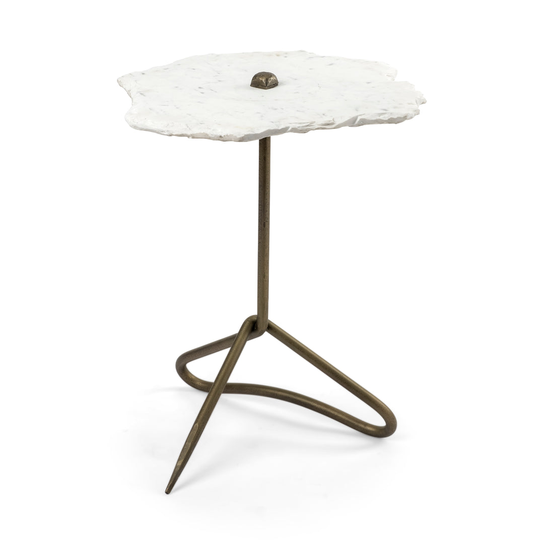 Pinera II 19L x 19W White Marble W/ Triangluar Gold Iron Base Accent Table Dining Room Mercana