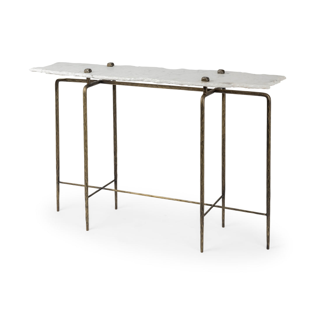 Pinera III 49L x 17W White Marble Top Gold-Toned Iron Base Console Table Dining Room Mercana