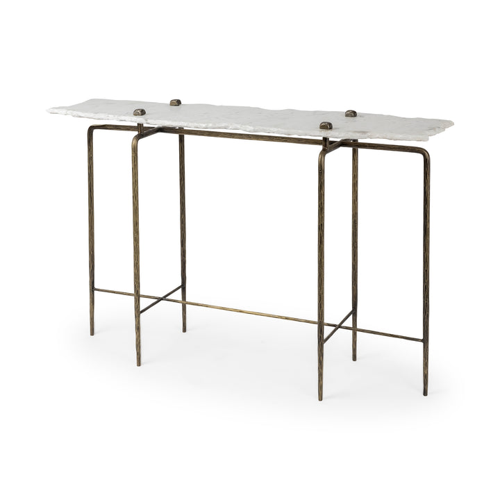 Pinera III 49L x 17W White Marble Top Gold-Toned Iron Base Console Table Dining Room Mercana