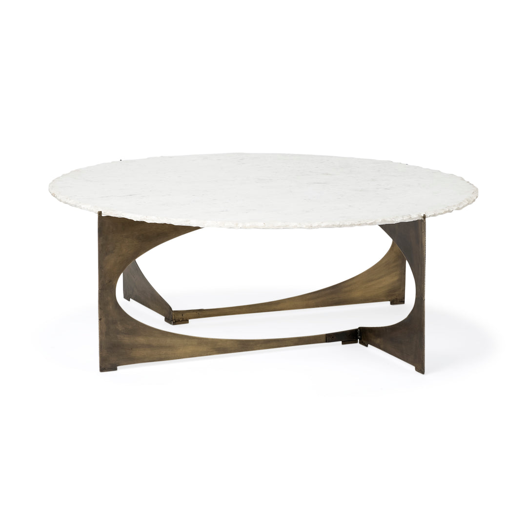 Reinhold 49" Round White Marble Top Gold Metal Base Coffee Table Living Room Mercana
