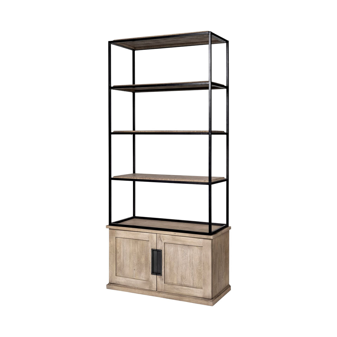 Braxton II Light Brown Wood and Iron Three Shelf Shelving Unit 41.5L x 18.5W x 9 Living Room Mercana