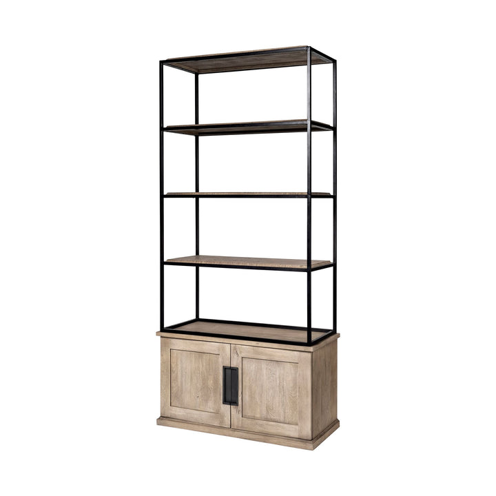 Braxton II Light Brown Wood and Iron Three Shelf Shelving Unit 41.5L x 18.5W x 9 Living Room Mercana