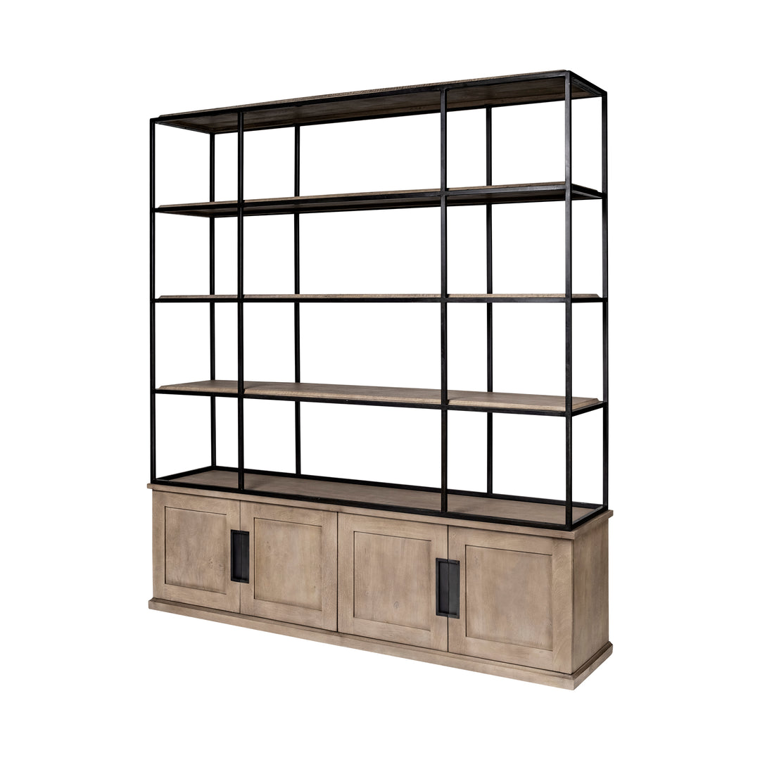 Braxton I Light Brown Wood and Iron Three Shelf Shelving Unit 81.5L x 18.5W x 90 Living Room Mercana
