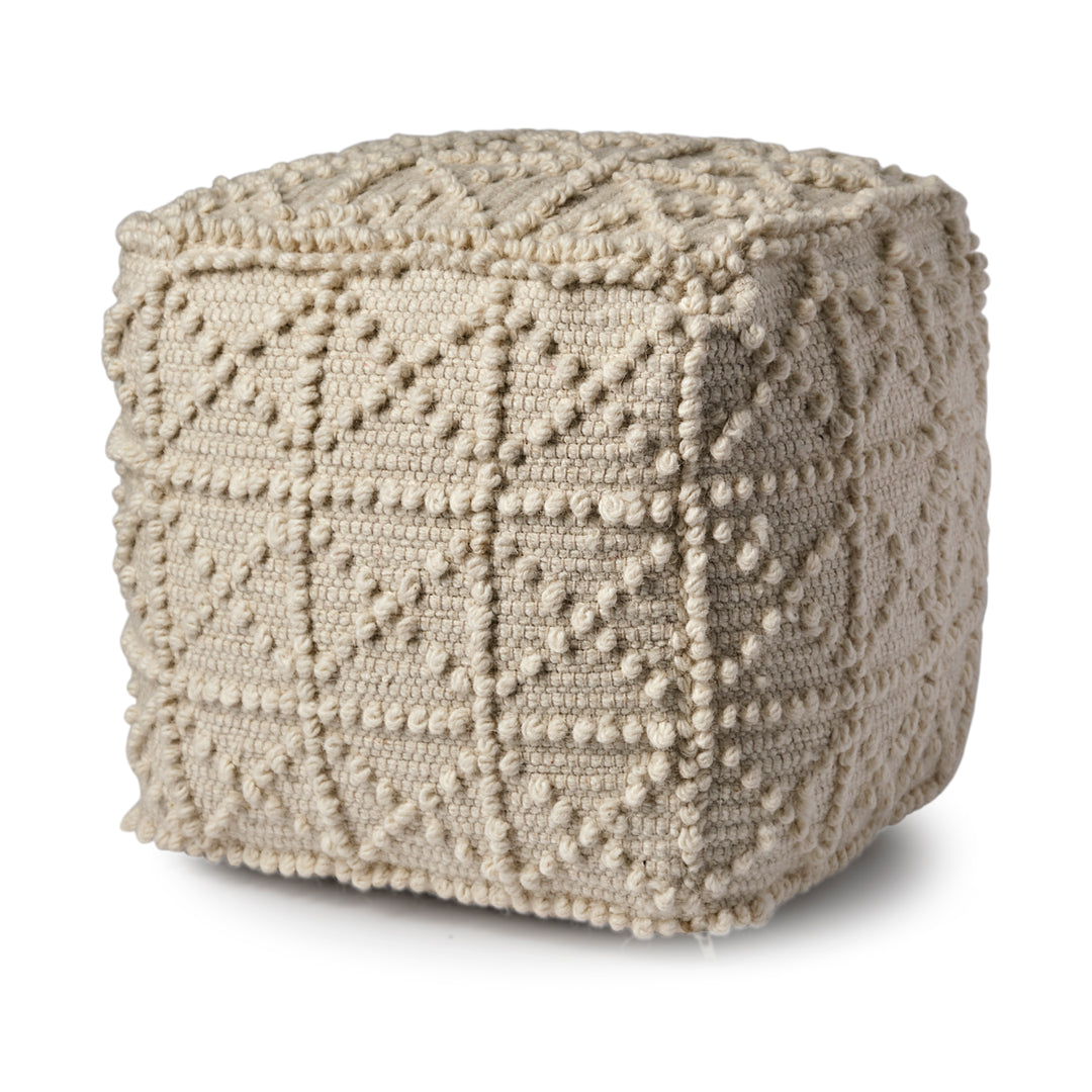 Leroy Square Cream Wool Pouf w/ Popcorn Detail Living Room Mercana