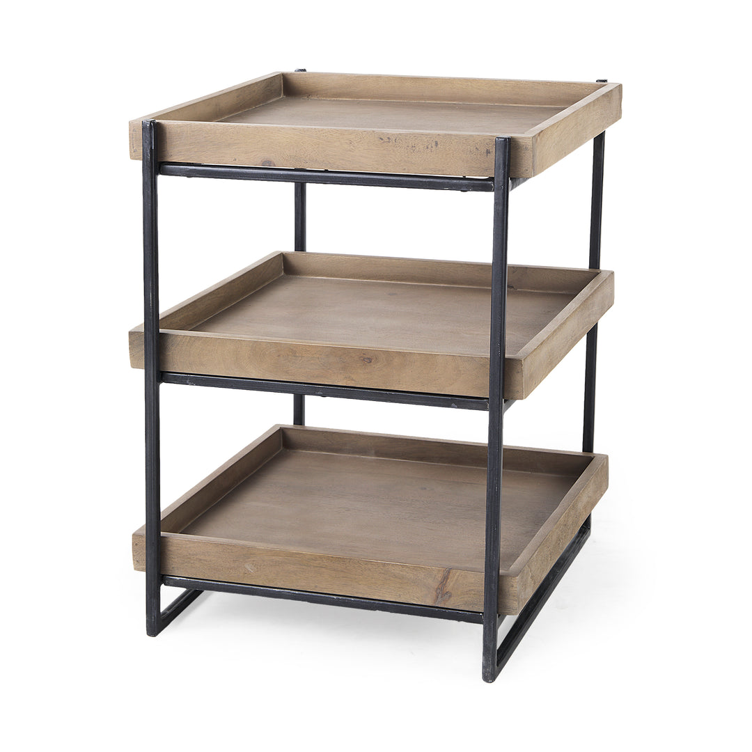 Trey III 20" x 26" Square Medium Brown Wooden Three-Tiered Black Iron Frame End/Side Table Dining Room Mercana