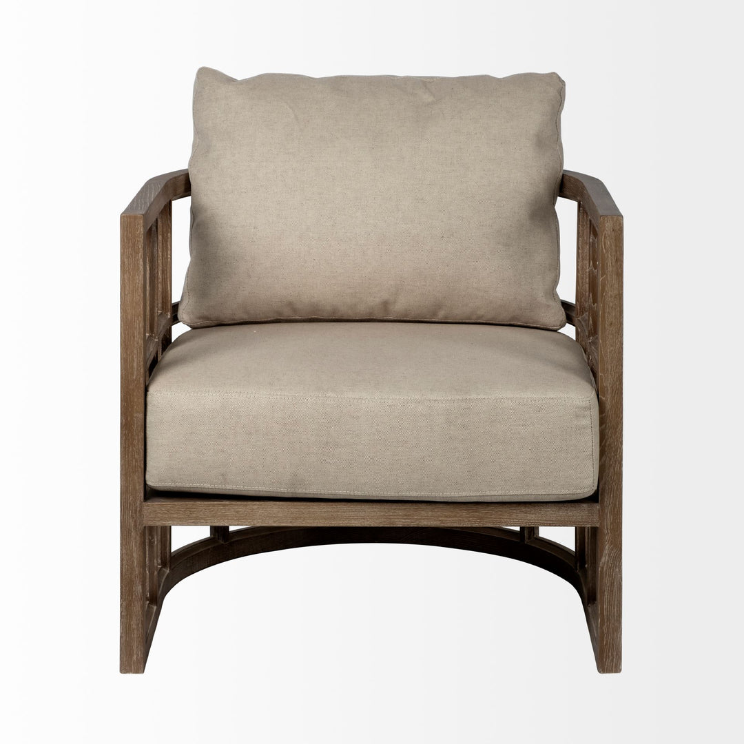 Skylar II Tan Fabric Covered Cushioned Demi-Lune Wooden Frame Accent Chair Living Room Mercana
