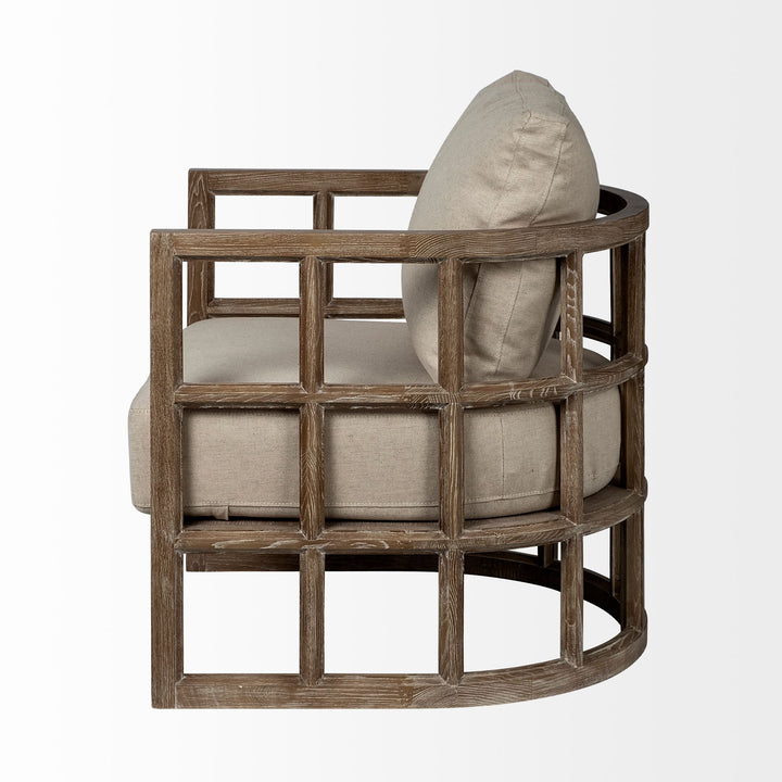 Skylar II Tan Fabric Covered Cushioned Demi-Lune Wooden Frame Accent Chair Living Room Mercana