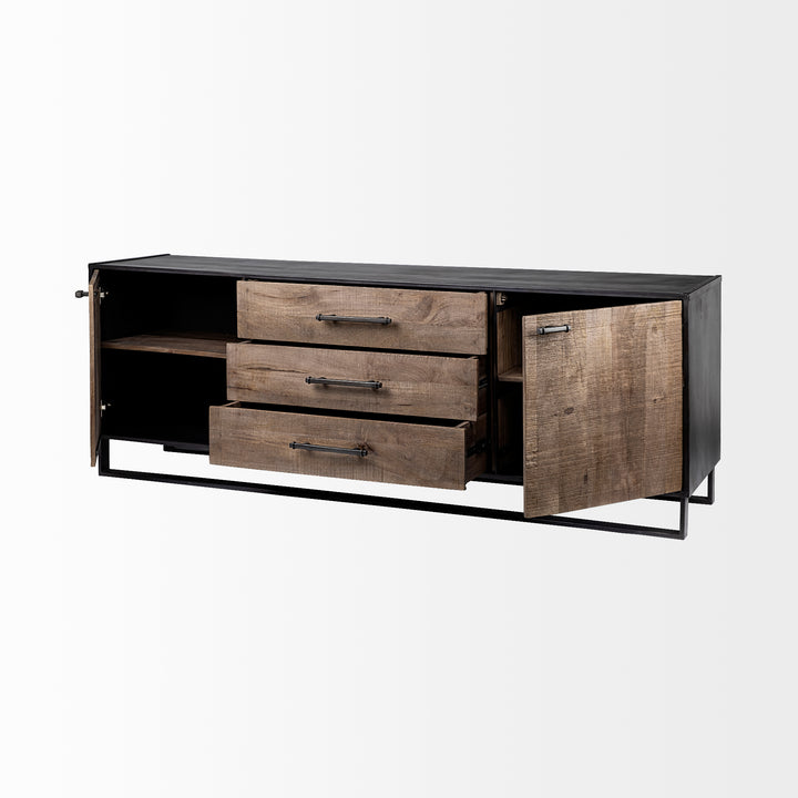 Alvin 82x20 Brown Solid Wood With Black Metal Frame 3 Drawer 2 Cabinet Door Sideboard Bedroom Mercana