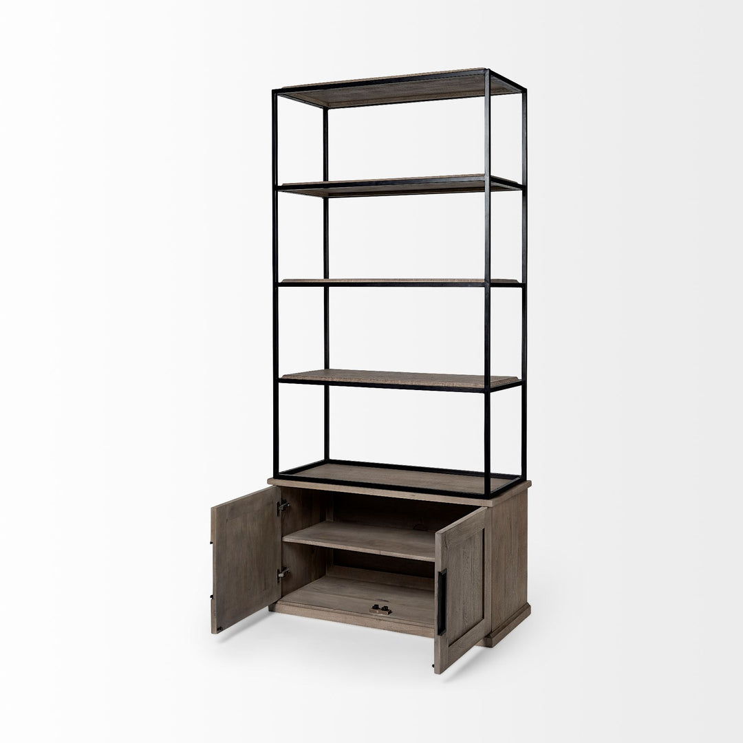 Braxton II Light Brown Wood and Iron Three Shelf Shelving Unit 41.5L x 18.5W x 9 Living Room Mercana