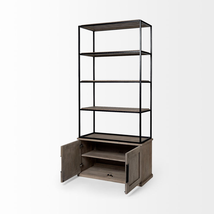 Braxton II Light Brown Wood and Iron Three Shelf Shelving Unit 41.5L x 18.5W x 9 Living Room Mercana