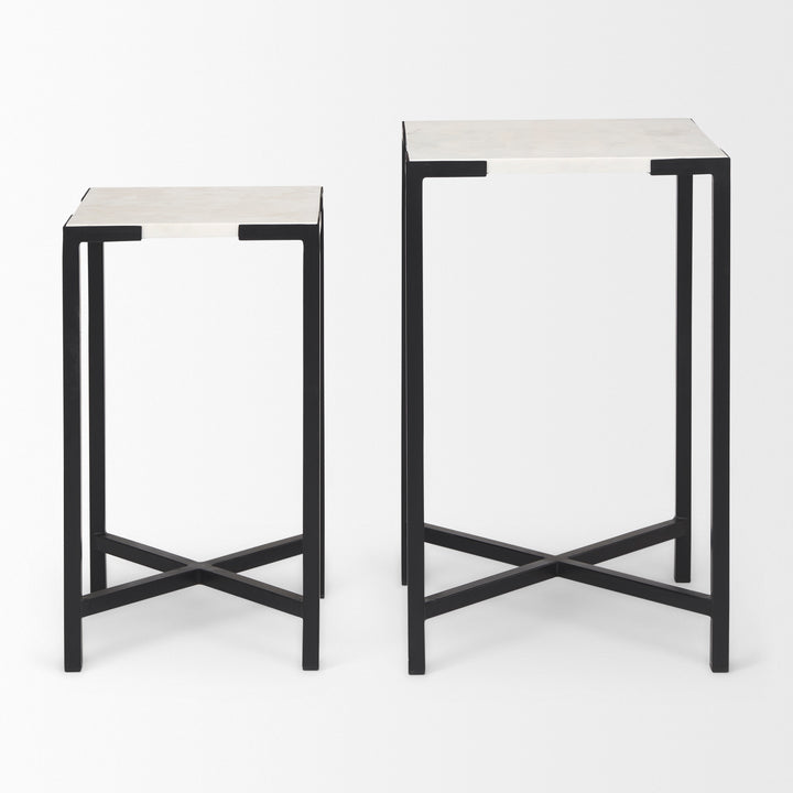 Lucas III (Set of 2) 15L x 15W; 12L x 12W White Marble W/Black Iron Frame Accent Tables Decor Mercana