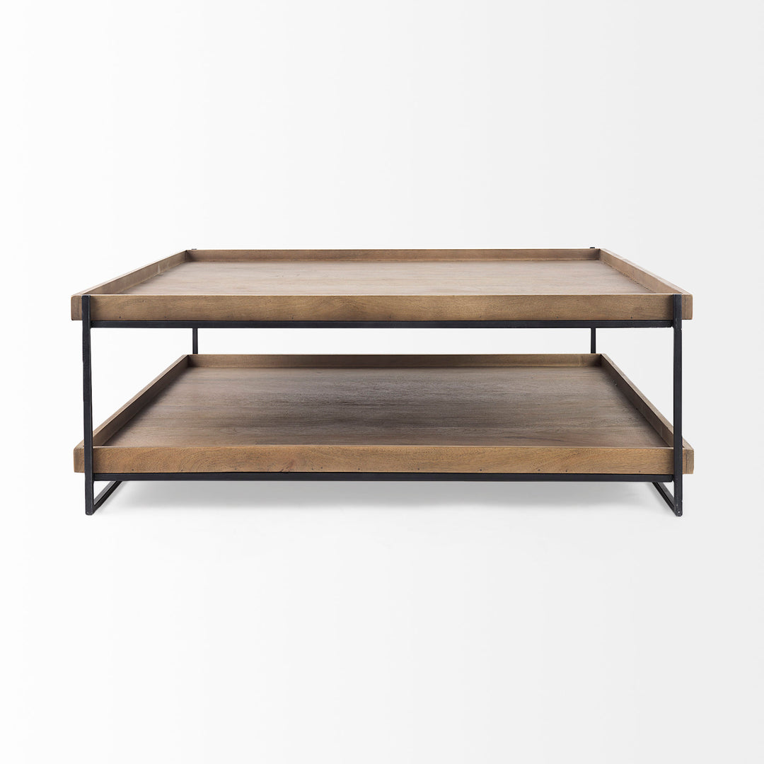 Trey 48x46 Rectangular Brown Solid Wood Top Table Black Metal Frame Two-Tier Coffee Table Dining Room Mercana