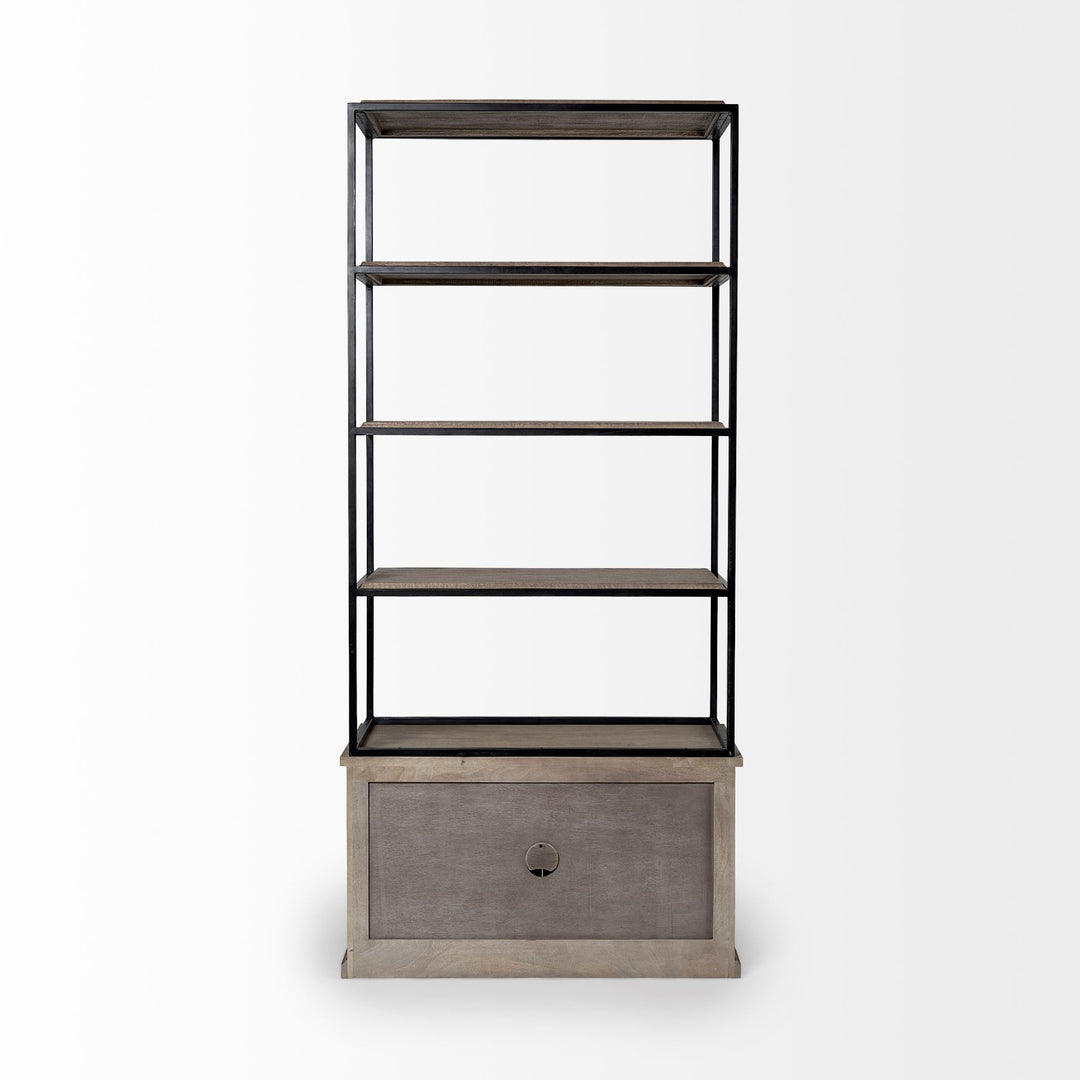 Braxton II Light Brown Wood and Iron Three Shelf Shelving Unit 41.5L x 18.5W x 9 Living Room Mercana